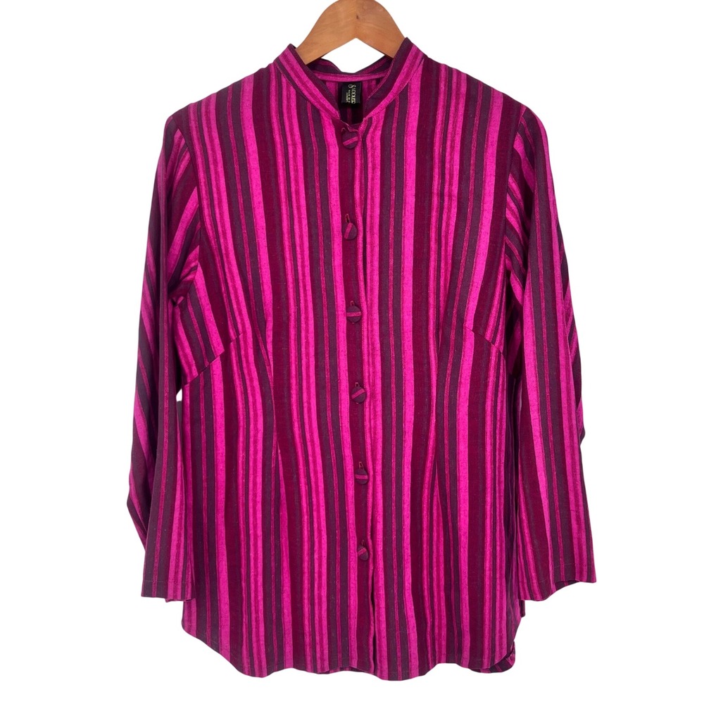 Saddler Designs Button Up Shirt Womens Magenta Purple Striped Mandarin Collar